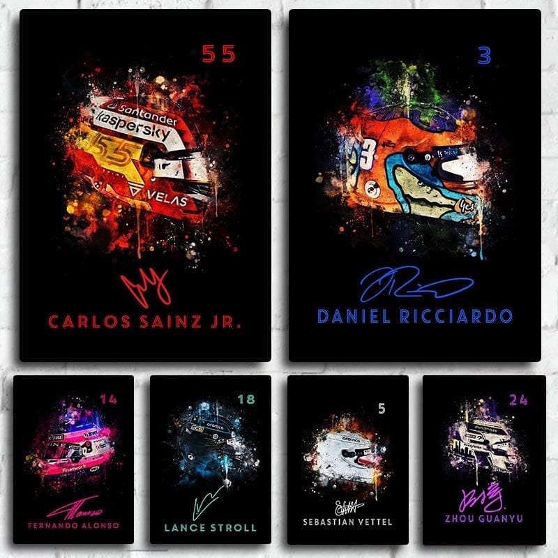 Affiche Formule 1 Casque Aquarelle Nom du coureur Signature Numéro de course · Impression décorative sans cadre
