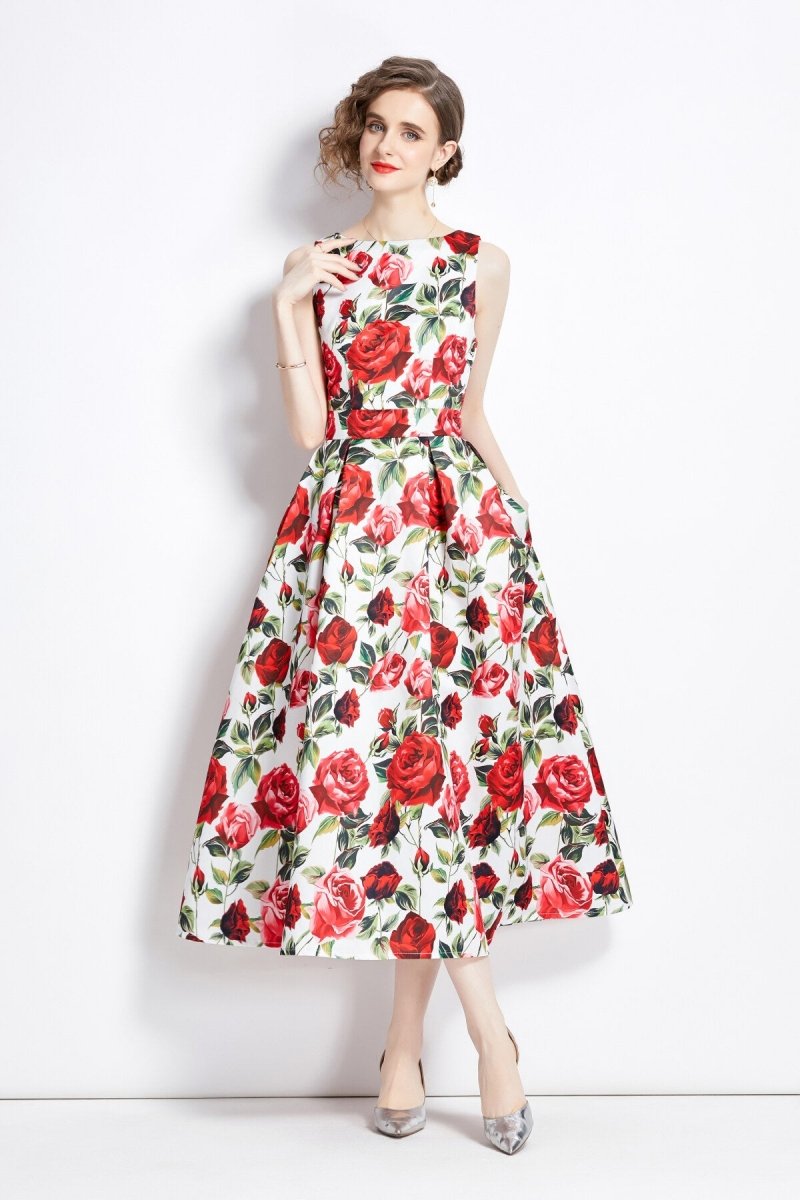 Robe trapèze florale moulante sans manches